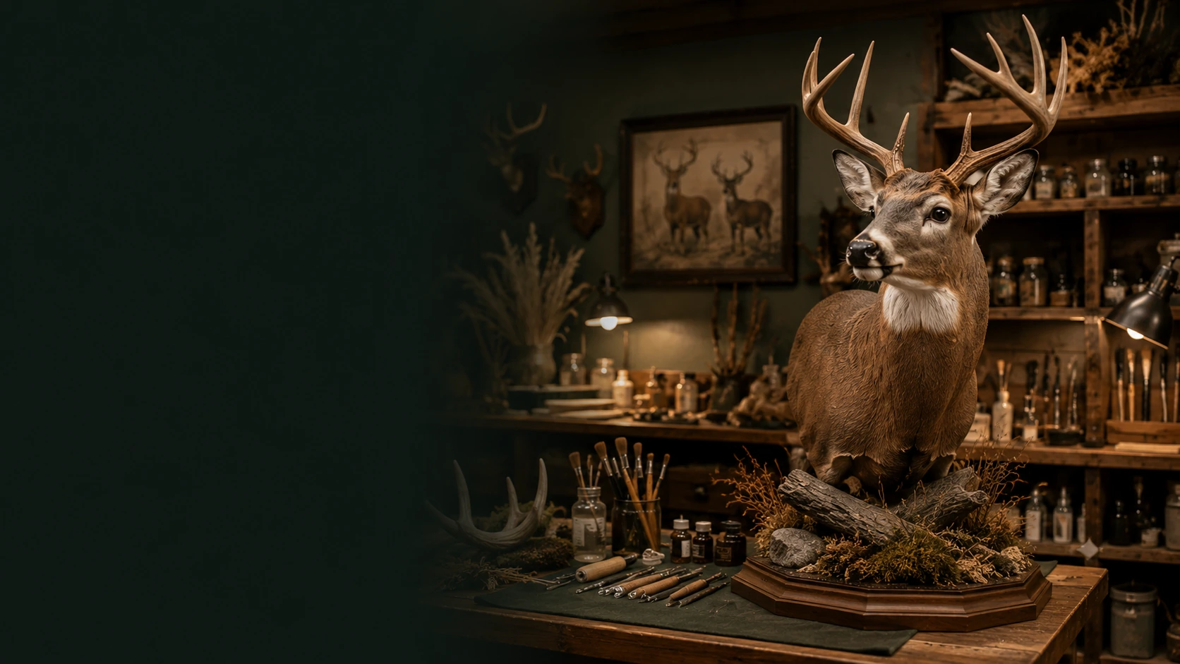 Illustrative professional taxidermy studio with a finished deer mount and organized tools.