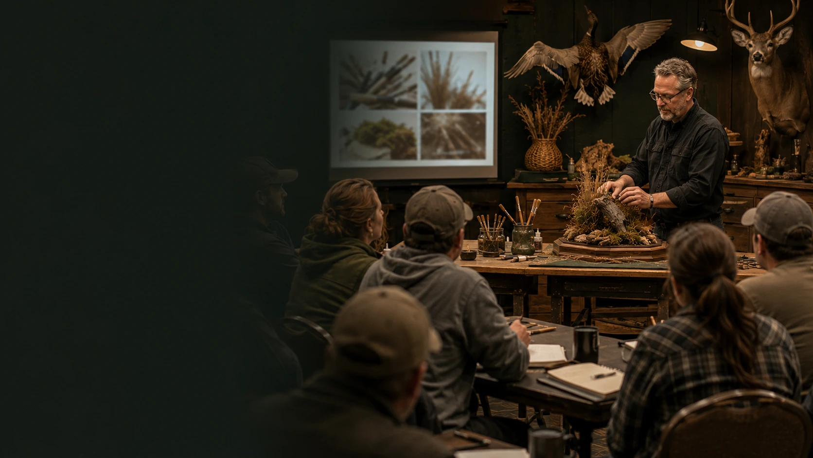 Professional workshop instruction with artisans observing a hands-on craftsmanship demonstration.